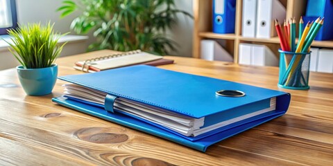 Blue File Folder with Documents on a Wooden Desk and Office Supplies for Organization and Productivity