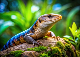Fototapeta premium Bluetongued Skink Relaxing on a Rock in Natural Habitat with Lush Greenery Surrounding It