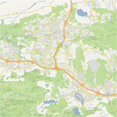Map of Thousand Oaks in California in a normal road map style. Contains layered vector with roads water, parks, etc.