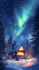 Fototapeta premium A cozy cabin surrounded by snowy trees under the dazzling northern lights.