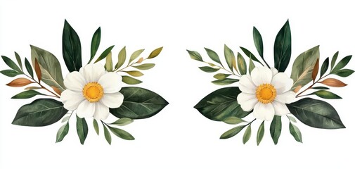 Fototapeta premium A beautiful floral arrangement featuring delicate white flowers and lush green leaves, perfect for various design projects.