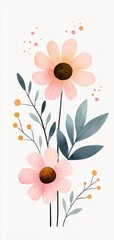 Beautiful illustration of pink flowers with leaves and delicate details, perfect for floral themes and spring decorations.