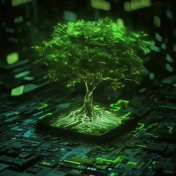 Uma &aacute;rvore cresce em uma placa de computador e brilha com luz verde, no estilo art d&eacute;co inspirado, consci&ecirc;ncia ambiental