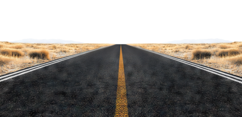 Empty straight asphalt road through desert landscape, isolated on transparent cutout background