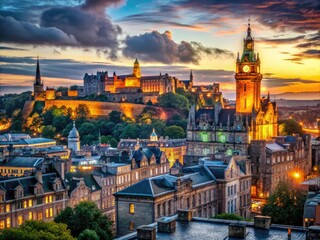 Fototapeta premium Breathtaking Edinburgh Skyline at Dusk with Historic Architecture and Vibrant City Lights Illuminated