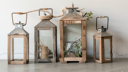 A set of three wooden lanterns with glass in a square shape