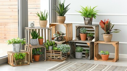 Wooden shelves for plants in the room, with pots and vases on them