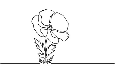 Abstract one line continuous poppy flower drawing in minimal style, Poppy flowers in continuous line art drawing style.