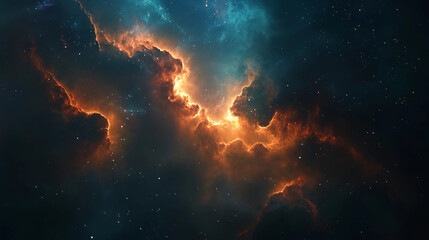 Fototapeta premium Glowing Nebula in Deep Space with Fiery Clouds and Distant Stars. Stunning Cosmic Formation of Interstellar Gas and Dust.