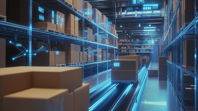 Automated warehouse with cardboard boxes on conveyor belts and digital technology integration.