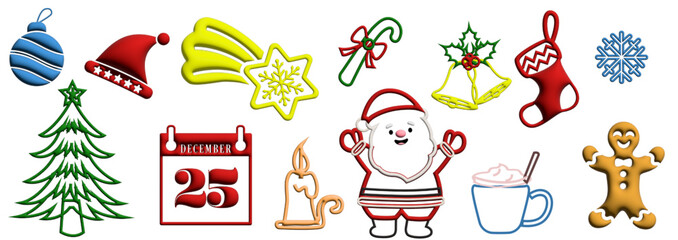 Fototapeta premium 3D Merry Christmas line icon set. Santa Claus, snowman, Christmas tree, gifts, holly, and festive ornaments. Holiday clip art collection isolated on white background