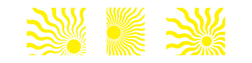 Abstract groovy summer background with sun. Groovy retro abstract sun background set with bright sunburst. Organic doodle shapes with sun. Vector illustration. Eps10.