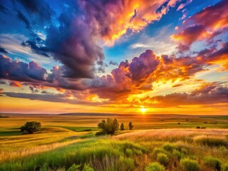 Obraz premium Breathtaking Sunset Over Expansive Prairie Landscape with Vibrant Colors and Tranquil Atmosphere
