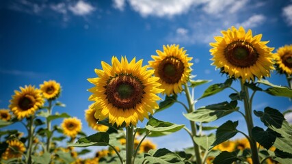Obraz premium Bright yellow sunflowers bloom vibrantly under a clear blue sky on a sunny afternoon
