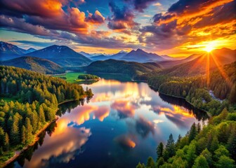 Breathtaking Sunset Over Mountain Range with Reflections on Calm Lake Surrounded by Lush Forests