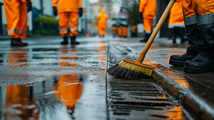 Street cleaning workers in orange uniforms sweeping a wet road with brooms.