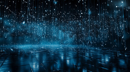 Futuristic Digital Rain with Glowing Particles Falling on Reflective Surface