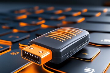 A hyper-detailed shot of a USB drive being plugged into a corporate computer, showing the moment of data transfer in lifelike clarity, symbolizing corporate data theft