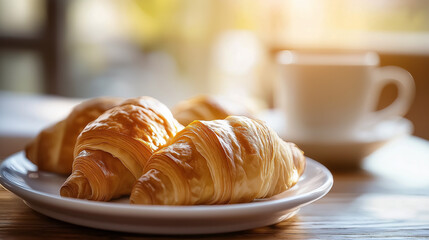 Plate of freshly baked croissants with steaming coffee in a cozy café.