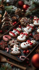 Obraz premium An artistic close-up showcasing an assortment of Christmas cookies snowflakes, candy canes, and snowmen adorned with intricate frosting designs and shimmering edible glitter