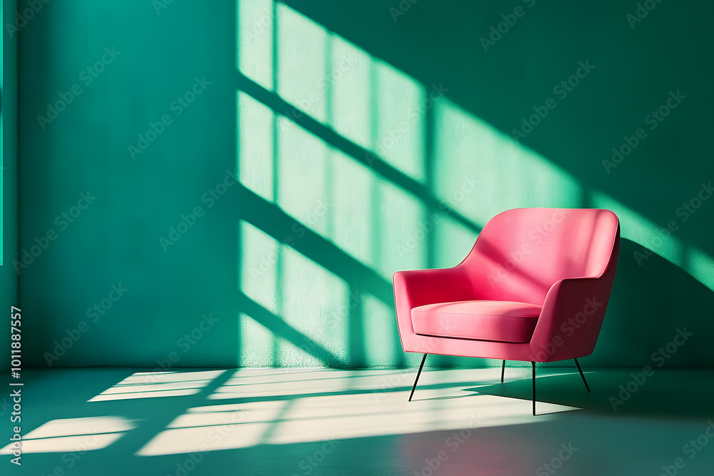 Wall mural Pink armchair casting a shadow in an empty green room with sunlight shining through the window