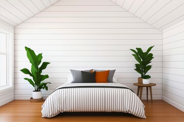 A modern, minimalistic bedroom features a white shiplap wall, a bed with striped bedding, two potted plants on each side, and accented cushions in a bright, airy space.