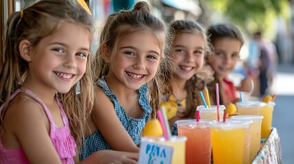 A group of children running a lemonade stand, with colorful signs and customers lined up, enjoying a summer afternoon