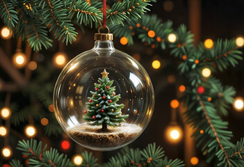 glass christmas tree ornament containing a mini christmas tree, 