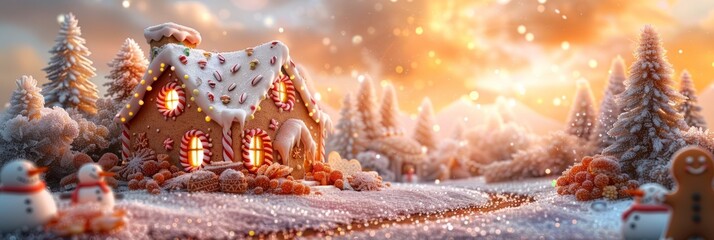 A beautifully crafted Christmas gingerbread house with icing, candy canes, gumdrops, and chocolate tiles, resting in a snowy landscape decorated with festive ornaments, banner