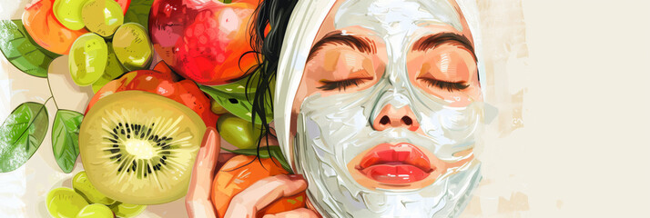 A woman indulges in a refreshing skincare ritual, applying a DIY face mask made from fresh fruits and vegetables, highlighting her commitment to natural beauty and wellness