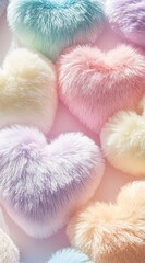 Colorful fluffy heart-shaped cushions in pastel shades create a cozy atmosphere.
