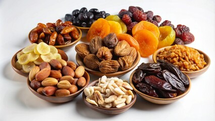 Obraz premium Assortment of dried fruits and nuts in bowls on white background.