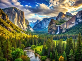 Breathtaking Yosemite National Park Landscape Illustration with Majestic Mountains and Lush Forests