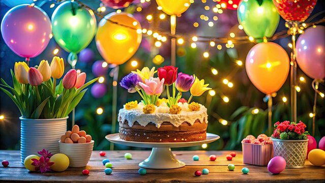 Bright and Cheerful April Birthday Celebration with Colorful Balloons, Cake, and Spring Flowers Decor