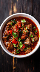 Obraz premium Hungarian goulash soup with beef, peppers, and herbs is served in a white bowl on a dark wooden table