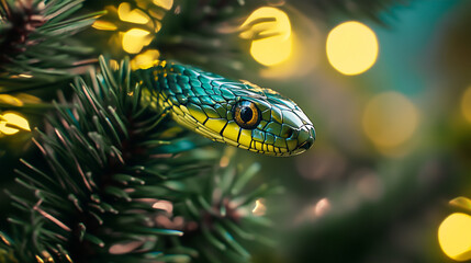 Fototapeta premium bright green snake close-up sits on spruce branches with cones on green background and bokeh from garland. concept of 2025 symbol, traditions, new year card, horoscope