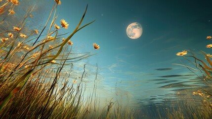Tranquil underwater landscape illuminated by a bright full moon reflecting on the surface