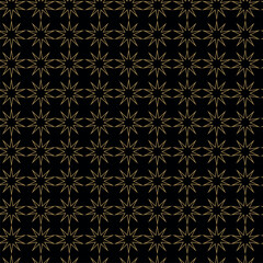 Abstract geometric pattern with circles, crosses, stripes, lines. Seamless vector background. Black and gold ornament. Modern reticulated graphic design.