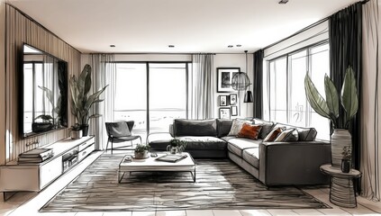 Obraz premium sketched modern living room with ample natural light and stylish furniture