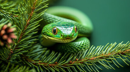 Fototapeta premium bright green snake close-up sits on spruce branches on green background. concept of 2025 chinese horoscope symbol, exotic reptile