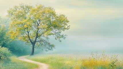 Fototapeta premium Misty morning walk along a winding path framed by a solitary golden tree