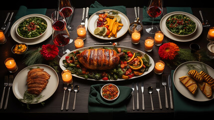 A top-down view of a beautifully set Thanksgiving table, featuring food, beverage