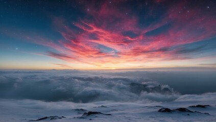 sunset over a mountainous landscape with clouds below the peaks and a sky painted in pink, purple, and blue hues. mountain vista under a vividly colored evening sky