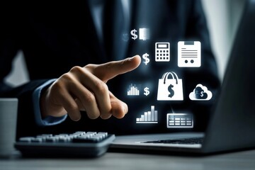 Businessman interacting with financial technology on a virtual screen.