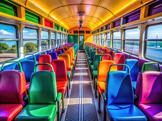 Fototapeta premium Brightly colored empty school bus seats arranged in neat rows ready for students to board and travel