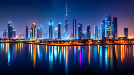 Obraz premium Vibrant and illuminated Dubai city skyline at night, Dubai, city, night, illuminated, lights, buildings, skyline, architecture