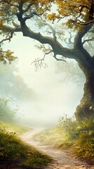 Fototapeta premium Misty forest path winding under ancient tree branches in early morning light