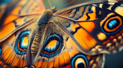 Close-up of a butterfly wing with vibrant, detailed patterns, showcasing the intricate and colorful beauty of nature.