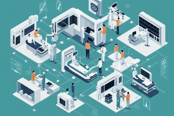 Isometric depiction of a cutting-edge hospital showcasing advanced robotics.