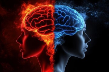 Obraz premium Representation of human duality through glowing brain imagery.